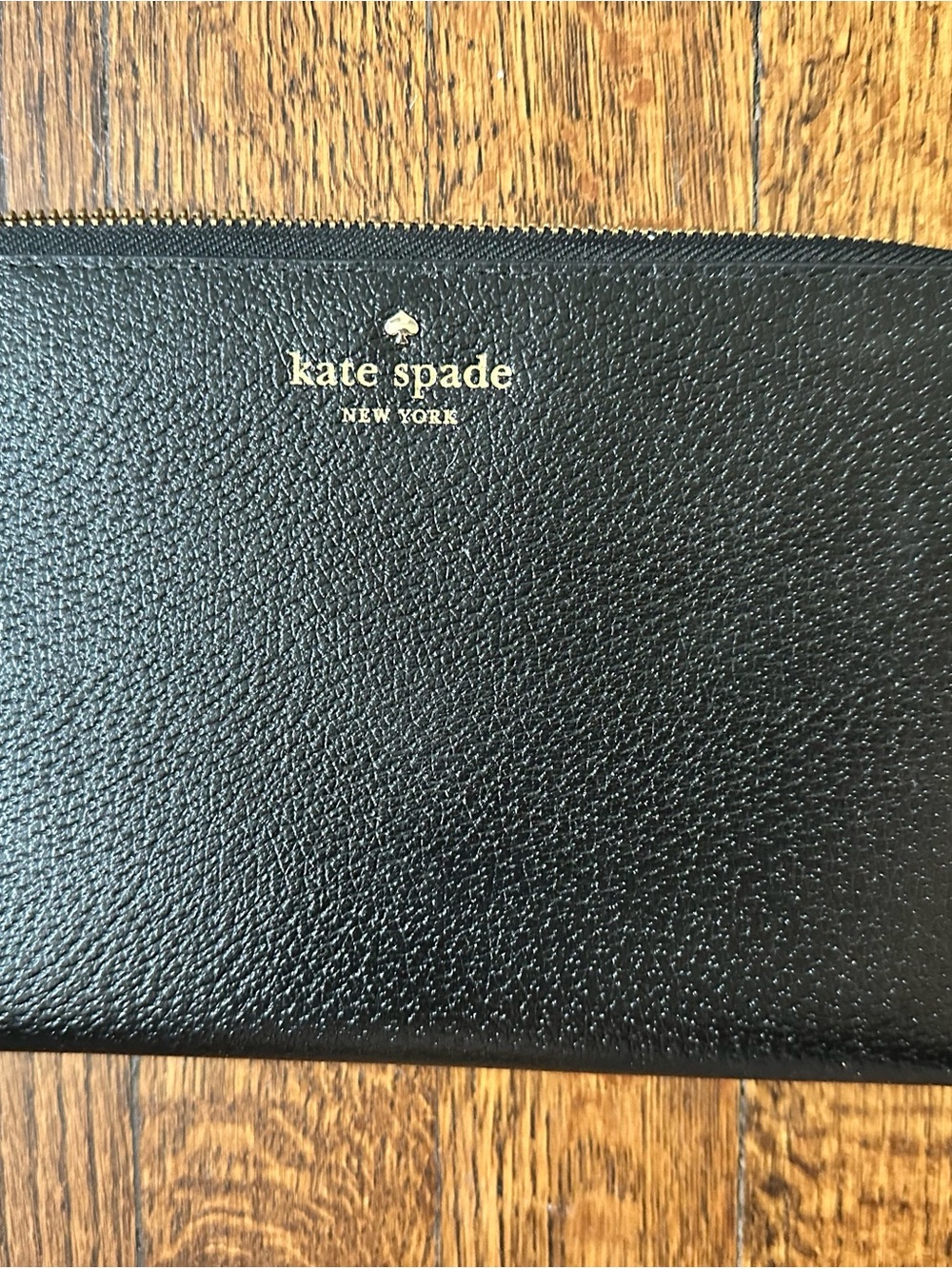 kate spade Black Pebbled Leather Zip Card Holder with Gold Logo